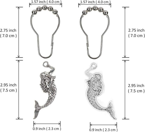 Mermaid Shower Curtain Hooks Rings - Silver Shower Curtain Hangers Rust Proof Shower Hooks for Shower Curtain, Decorative Bathroom Accessories Set...