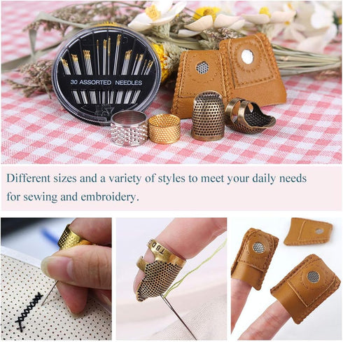 8 Pcs Thimble + 30 Pcs Sewing Needles, Finger Protector Fingertip Adjustable Metal Bronze Rings and Leather Coin Thimble for Needlework, Hand Embr...