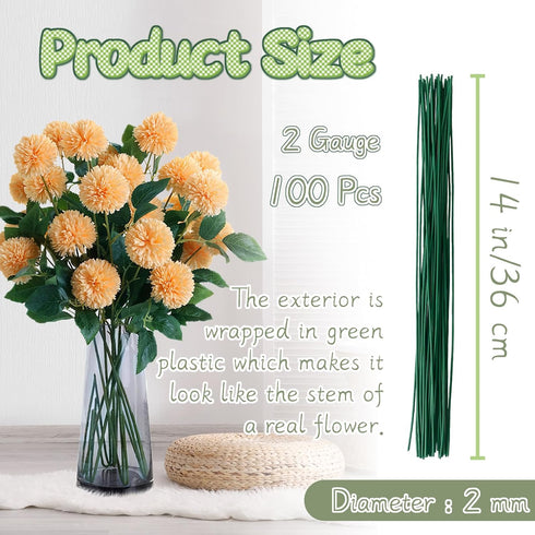 100 Pcs Floral Stems Wire for Paper Flower,14 Inch 2 Gauge Dark Green Floral Stem Wire,Crafting Floral Stem for Flower Arrangements DIY,Bouquet St...