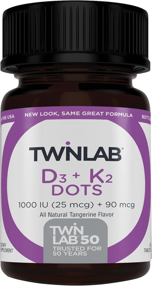 Twinlab Vitamin D3 1000 + K2 Dots - Bone & Heart Health - Immune Support - 25 mcg, 60 Tablets (1000 IU)...