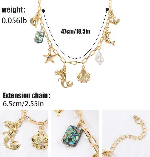 Gold Ocean Charm Necklace for Women Hawaii Chain Necklace with Cute Dangle Mermaid Shell Pearl Starfish Conch Dolphin Ship Anchor Sea Pendant Adju...