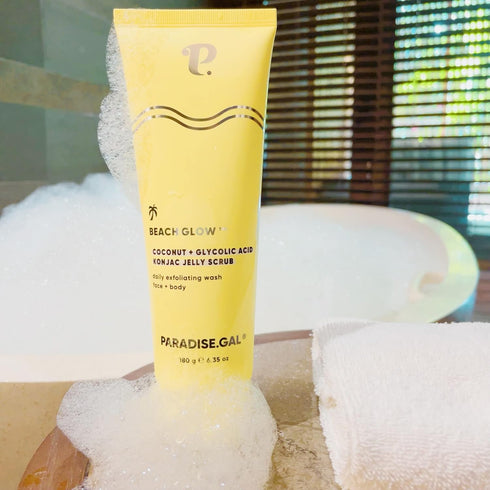 Gentle Exfoliating Scrub for Face & Body by ParadiseGal - Korean Skincare Set with Coconut & Glycolic Acid Jelly Scrub + Konjac Sponge & Bag - Ide...