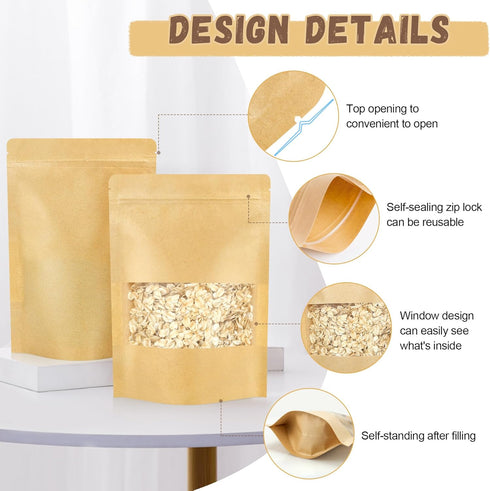 Reusable Food Storage Bags, Resealable Bags for Food, 50 PCS 5.9"×8.7" Kraft Paper Bags with Window,Stand Up Pouches, Brown Paper Bags for Food Pa...