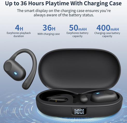 True Open Ear Headphones, Bluetooth Headphones 5.3 Sports with Smart Digital Display, 36H Playtime, IP54 Waterproof, Wireless Earbuds Lightweight ...