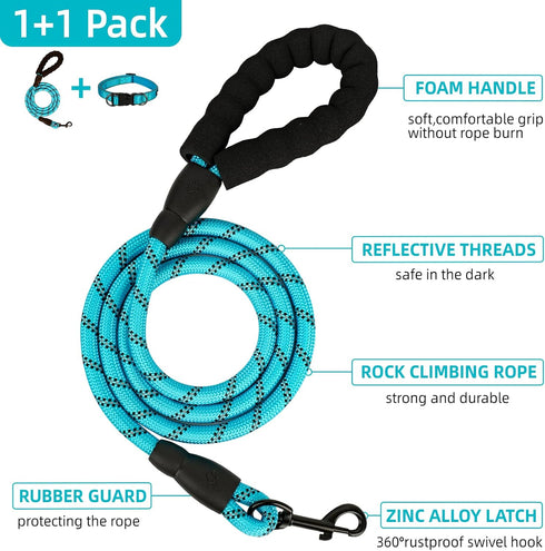 Dog Collar and Leash Set, Reflective Dog Collar Heavy Duty Dog Leash, Adjustable Soft Neoprene Padded Nylon Pet Collars, Comfortable Padded Handle...