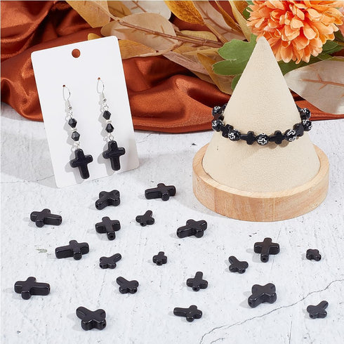 SUNNYCLUE 1 Box 90Pcs Black Cross Beads 3 Sizes Small Stone Cross Bead 10/16/20mm Mini Tiny Synthetic Turquoise Gemstone Beads Charms Easter Holid...