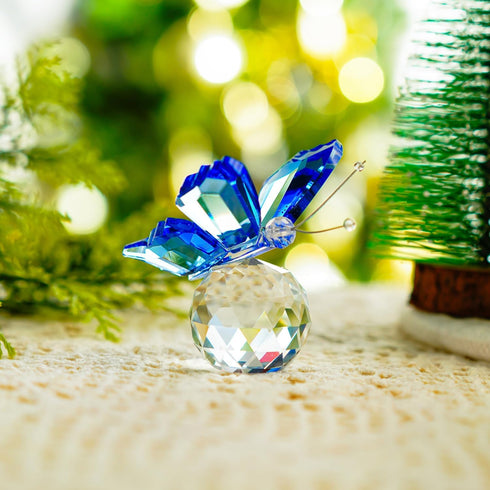 H&D Crystal Flying Butterfly with Crystal Ball Base Figurine Collection Cut Glass Ornament Statue Animal Collectible (Blue)...