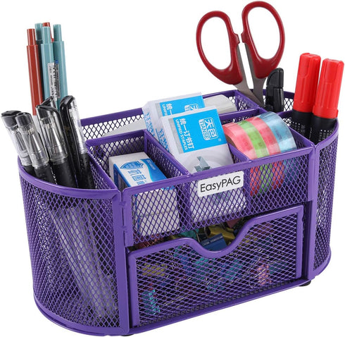 EasyPAG Desk Organizer Mesh Desktop Office Supplies Multi-functional Caddy Pen Holder Stationery with Drawer,Purple...