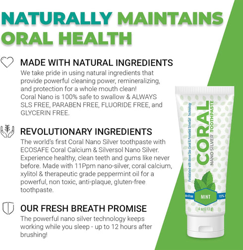 Coral Nano Silver Mint Toothpaste, Natural Fluoride Free Teeth Whitening Toothpaste, Coral Calcium Nano Silver Infused SLS Free - 4 Ounces...