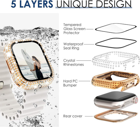 NewWays 2-Pack 2 in 1 Waterproof Bling Case for Apple Watch 40mm Screen Protector, Full Glitter Diamond Rhinestone Protective Bumper Face Cover fo...