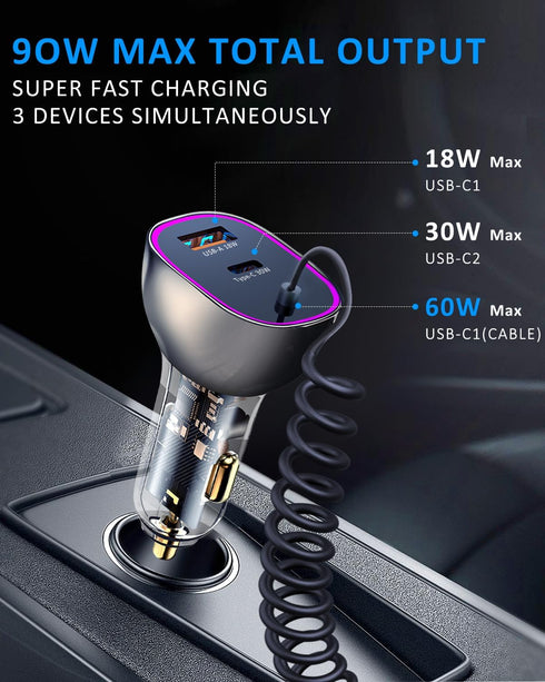 90W USB C Car Charger with 5ft 60W Type C Coiled Cable, Super Fast Car Charger Adapter with Transparent Body, Cigarette Lighter Adapter for iPhone...