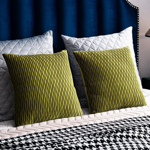 DEZENE 18x18 Moss Green Throw Pillow Cases: 2 Pack Original Striped Velvet Square Decorative Pillow Covers for Farmhouse Couch...