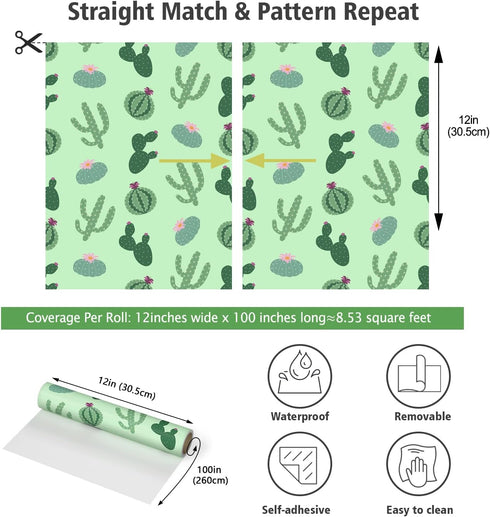 Green Cactus Wallpaper 12''x100'' Cacti Succulents Floral Peel and Stick Wallpaper Boho Self Adhesive Removable Wallpaper Botanical Cactus Contact...
