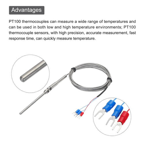 MECCANIXITY 2pcs PT100 RTD Thermocouple Stainless Steel M8 Temperature Sensor Probe -50 to 1300C 10ft 5x100mm...
