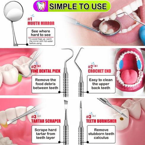 Dental Tools, Dental Pick, Dental Hygiene Kit, Stainless Steel Dental Teeth Cleaning Tools Kit with Tooth Scraper Plaque Tartar Remover, Metal Pla...