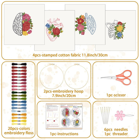 BEUNITONE 4 PCS Brain Embroidery Kit Heart Flower Cross Stitch Kit for Adults Lung Embroidery Starter Kit Bone Needlepoint Kit for Beginners Inner...
