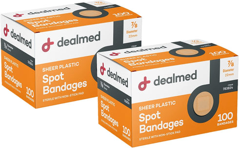Dealmed Sheer Plastic Spot Bandages – 7/8” Small Round Sterile Strips, Adhesive Outer with Non-Stick Pad, Latex Free, Wound Care for First Aid Kit...