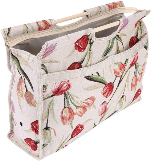 Knitting Tote Bag,Exquisite Practical Wood Handle Woven Fabric Storage Bag for Knitting Needles Sewing Tools(Red Flower)...