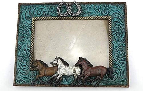 Comfy Hour Western Retro Collection Resin Art 6"x5" Photograph Running Horses Horseshoes Photo Frame Blue...