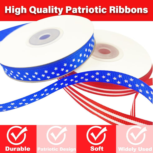 2 Rolls Patriotic Grosgrain Ribbon,Stars and Stripes Ribbon,for 4th of July,Memorial Day Gift Wrapping, Party Decoration, DIY Crafting and Sewing(...