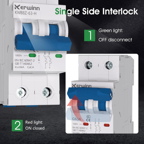 Miniature Circuit Breaker 1000V dc Circuit Breaker 2 Pole 63Amp Smart Circuit Breaker,DC Disconnect Switch DIN Rail Mount for Marine Power Systems...