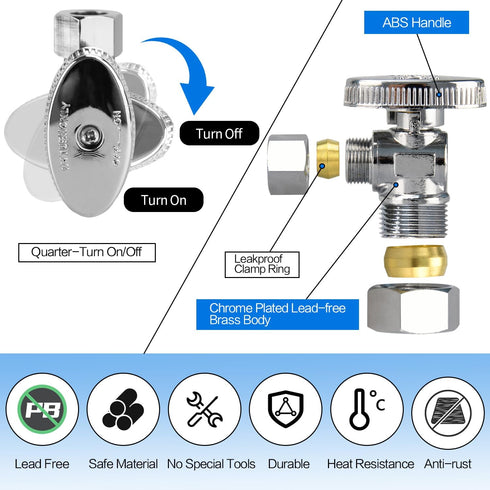 Stop Valves, 1/2" × 3/8" Angle Stop Valve, 1/2" Nominal (5/8" OD Comp.) Angle Input, 3/8" OD Compression Output, 1/4 Turn, Chrome Plated Brass for...