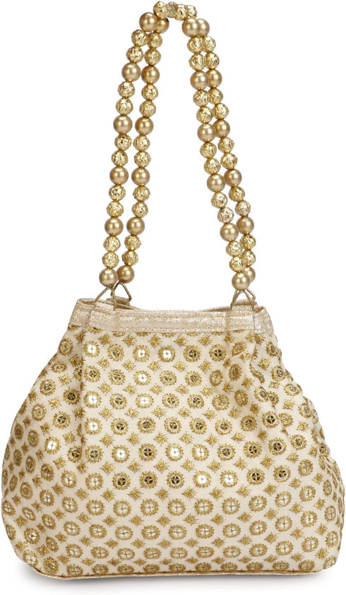 Indian Ethnic Designer Embroidered Silk Potli Bag Batwa Pearls Handle Purse (Golden-3)...