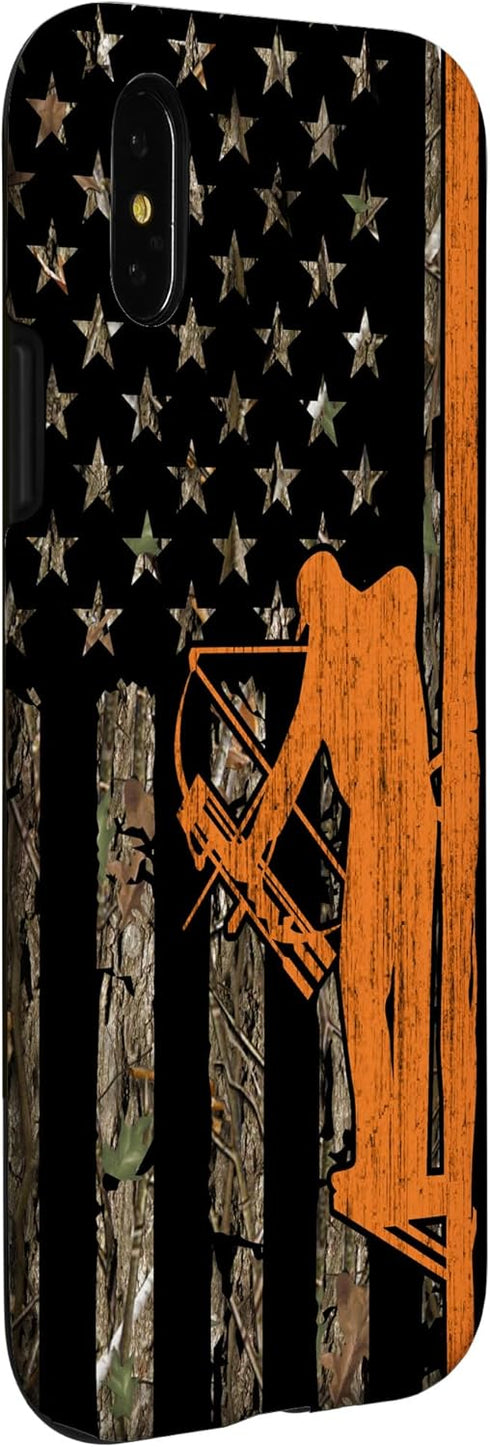 iPhone X/XS Bow Hunting Tree Stand Deer Hunter American Flag Camouflage Case...