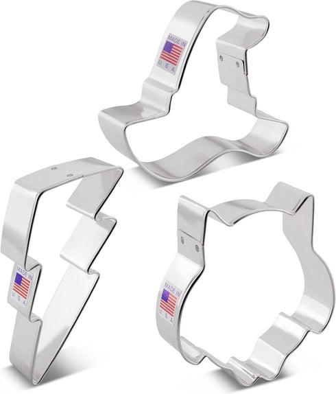 Witchcraft and Wizardry Cookie Cutters 3-Pc. Set Made in the USA by Ann Clark, Witch's Hat, Cute Owl, Lightning Bolt...