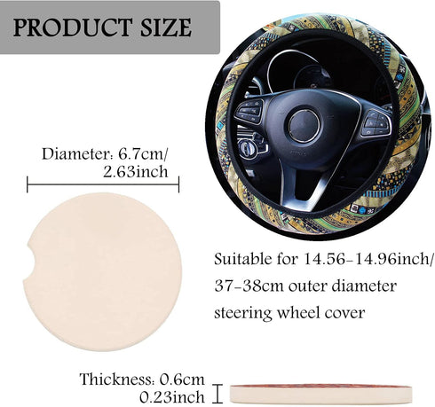3 Pack Boho Steering Wheel Cover with Car Cup Holder Coasters Universal Baja Hippie Bohemian Style Steering Wheel Covers Cute Car Steering Wheel C...