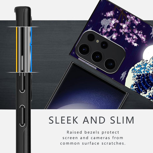 Compatible with Samsung Galaxy S23 Ultra Case Japanese Wave Cherry Blossom Moon Pattern Phone Case for Boys Girls Aldults, Shockproof Anti-Scratch...