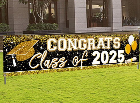 2025 Graduation Decorations Gold Class of 2025 Banner Large Congrats Grad Graduation 2025 Yard Signs for Graduate Party Supplies (Gold)...