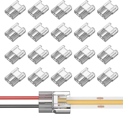 COB LED Light Strip Connectors 20pcs 8mm 2Pin Strip to Wires LED Tape Light Connectors,Transparent Solderless No Dark Area for LED Lights Connecto...