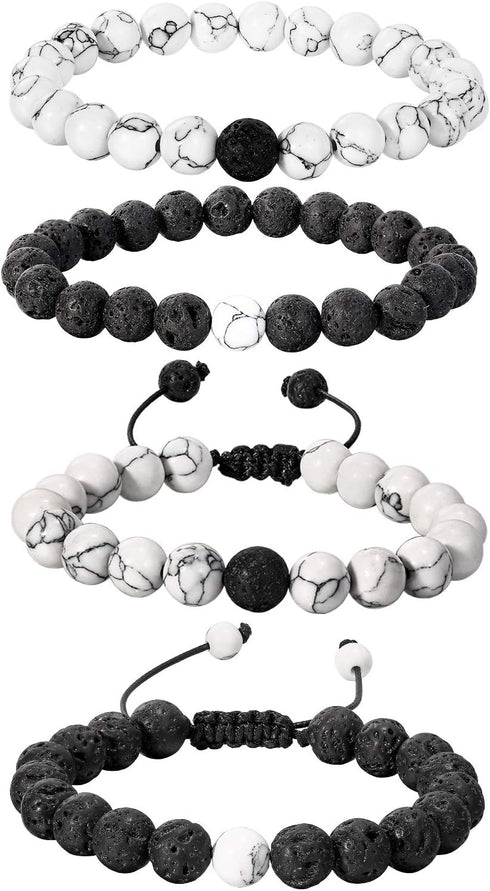 BBTO 4 Pieces Howlite Bracelet Lava Stone Black Matte Agate Essential Oil Diffuser Bracelet Set for Couples Gift...
