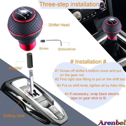 Arenbel 5 Speed Shifter Knobs Leather Car Gear Stick Lever Shift Ball Handle Replacement Fit Most Manual Vehicles, Red...
