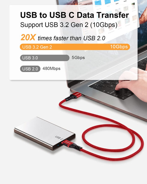 USB A to USB C Cable 3.3ft+10ft (Red), 10Gbps Data Transfer and 60W 3A Fast Charging Cable, USB C 3.1/3.2 Cable for Samsung Galaxy S22 S21 S20 S10...