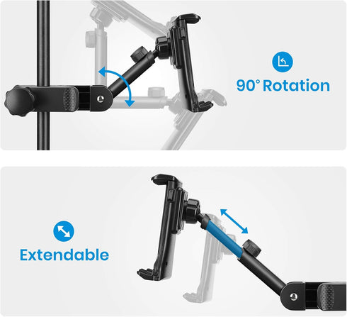 Moukey Tablet Holder for Mic Stand, Adjustable Microphone Music Stand Phone Holder Mount, Compatible with iPad, iPhone, Android, All 4.7 to 11-inc...