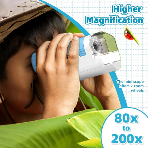 Microscope for Kids and The Miniscope Pocket Handheld for Children Portable Talking Science Gadgets with 4pcs Slides 80x-200x (Blue)...