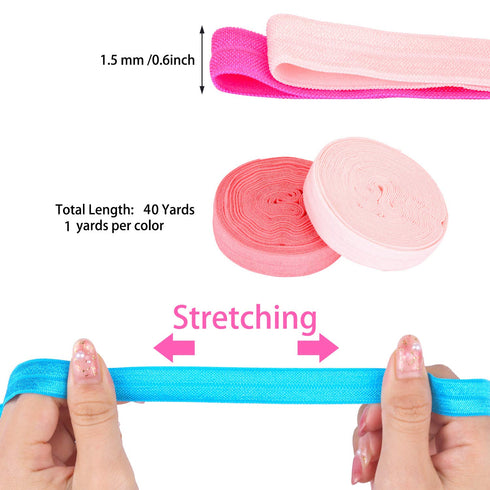 WILLBOND 40 Yards Fold over Elastic Solid Color Trim Elastic 40 Colors Ribbon Sewing Stretch Ribbon Band for Hair Bow DIY Craft Hair Ties Headband...