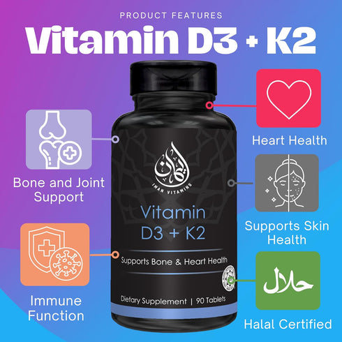 Halal Vitamin D3 with K2 Chewable Tablets - Vitamin D 2000 iu + Menaquinone-7 (MK7) | Supports Heart Health, Bones, and Muscles Health | 90 Count ...