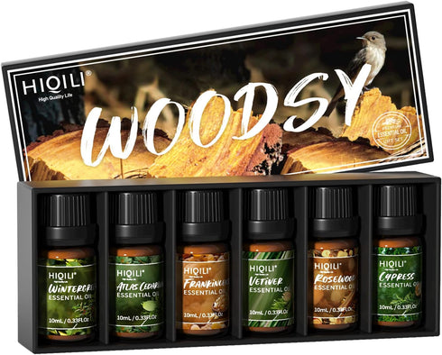 HIQILI 100% Pure Woodsy Essential Oil Set, 6x10ml, Cedarwood, Wintergreen, Frankincense, Vetiver, Rosewood, Cypress - Aromatherapy, Massage, Skin ...