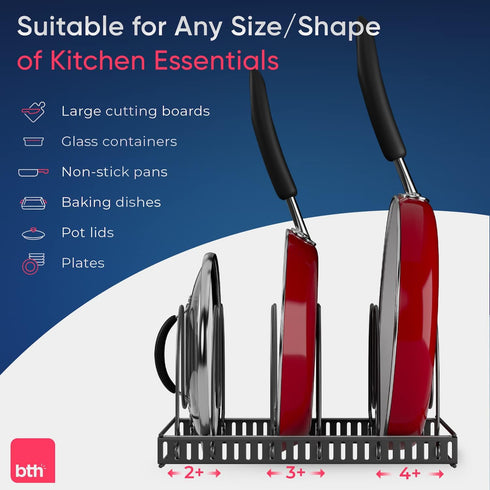 Compact Pan & Pot Lid Organizer Rack with 6 Adjustable Dividers | Steel Single Rack for Kitchen Cabinet, Drawer & Pantry – Deep U-Shaped Dividers,...