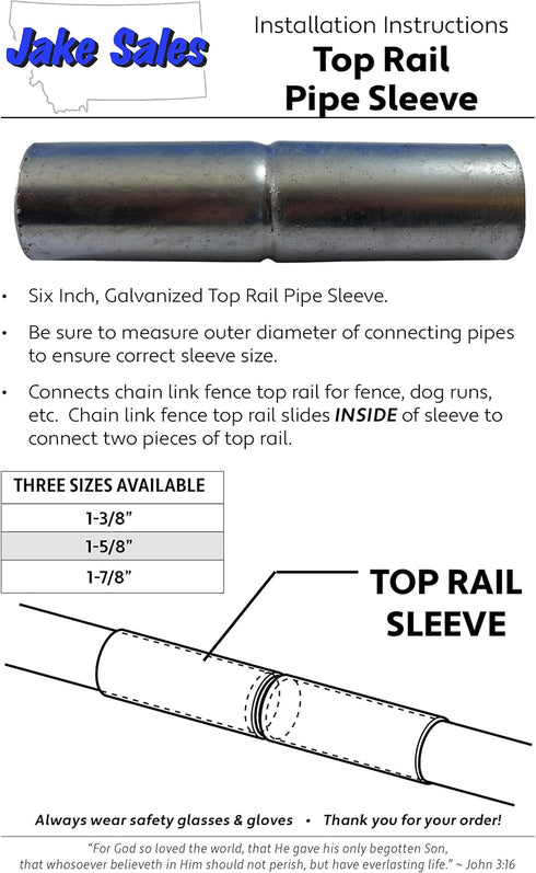 Jake Sales Chain Link Fence TOP RAIL SLEEVE: 1-3/8" X 6" ~ Chain link fence hardware pipe. EACH...