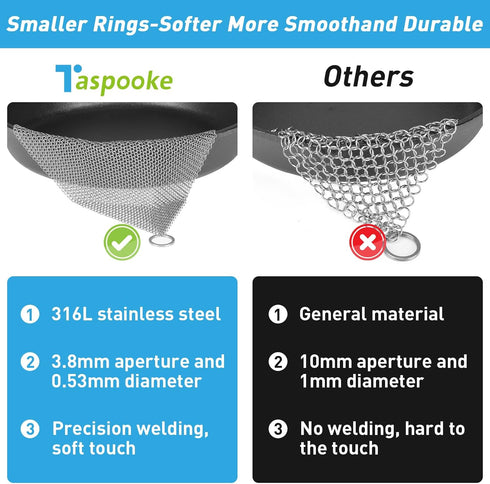 Cast Iron Scrubber, 4''x4'' 316L Stainless Steel Fine Mesh Scraper, Upgraded 3.8mm Chainmail Scrubber, for Pre-Seasoned Pot Dutch Oven Waffle Make...