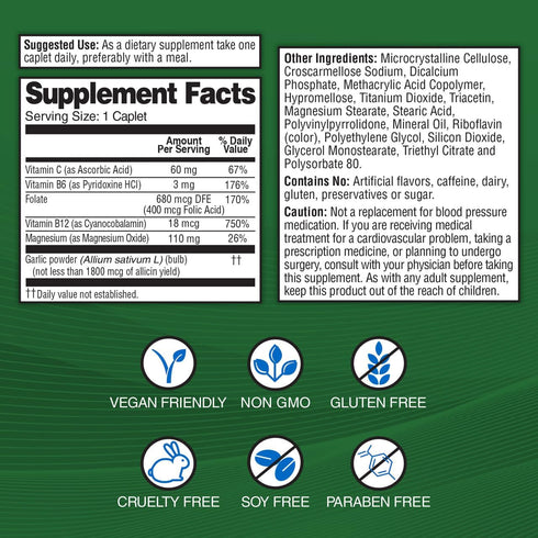 Garlique Garlic Extract Supplement, Healthy Blood Pressure Formula, Odorless & Vegan, 60 Caplets...