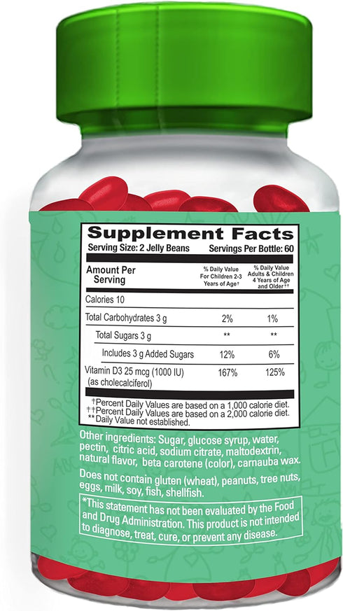 Vitamin D3 Jelly Bean Gummies for Kids, 25mcg/1000 IU Vitamin D, Nutritional Vegetarian Supplements, 120 Strawberry Blast Jelly Beans, Kosher...