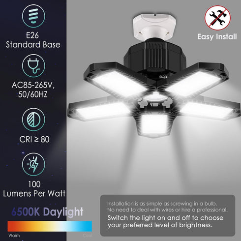 BRAINIAC LED Garage Light Bulbs, 100W 10000LM Super Bright Garage Lighting with 5 Adjustable Panels, E26/E27 Screw-in Deformable Led Garage Ceilin...