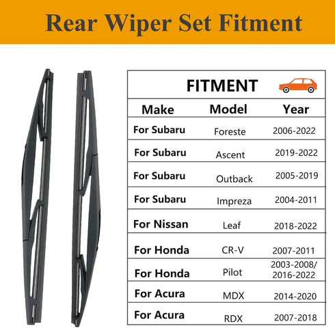 2 PCS Rear Wiper Blades for Infiniti QX50 QX70 2014-2017, Subaru Forester 2006-2022, Honda Pilot 2016-2022, Mazda 3 2019-2021, Acura MDX 2014-2022...