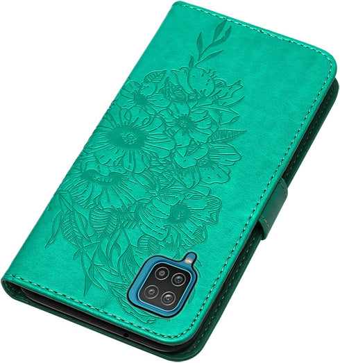 for Samsung Galaxy A12 Flip Cover Phone Case Wallet | Butterfly Floral Embossed, Wrist Strap, Card Holder Slots, Stand Leather Protective (Green)...