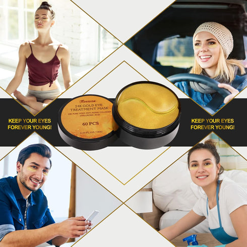 Fivewan 24k Gold Under Eye Patches - 60 Pcs Eye Mask Pure Gold Anti-Aging Collagen Hyaluronic Acid Under Eye Mask for Removing Dark Circles, Puffi...